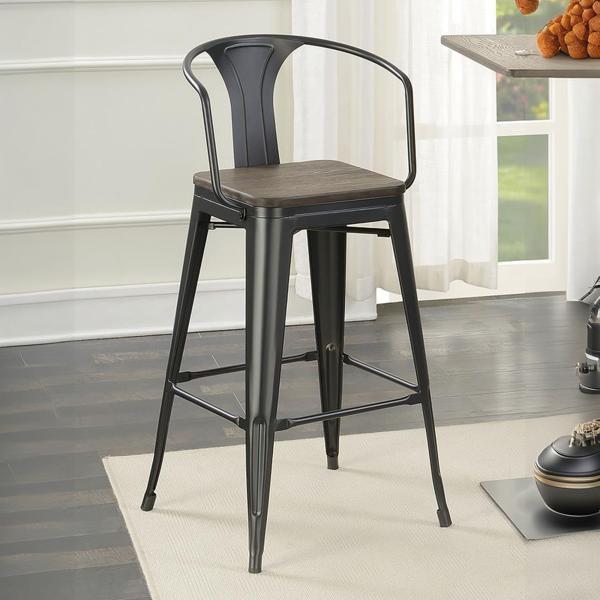 Cavalier Metal Bar Chair with Dark Elm Wood Seat and Matte Black Finish Frame - Set of 2 